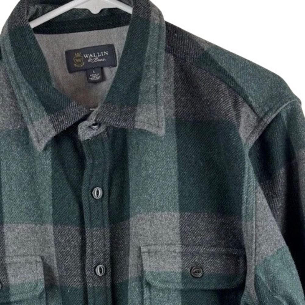 Wallin & Bros Flannel Shirt Mens L Green Grey Buffalo Plaid Wool Elbow Patch